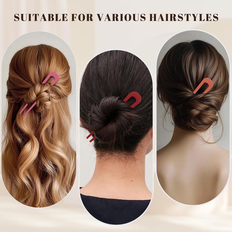 hisial 6Pcs Metal French Hair Pins for Women U Shape Sticks 3.9 Inch Vintage Fork for Hairstyle Accessories(Pink/Orange Red/Red) - Image 4